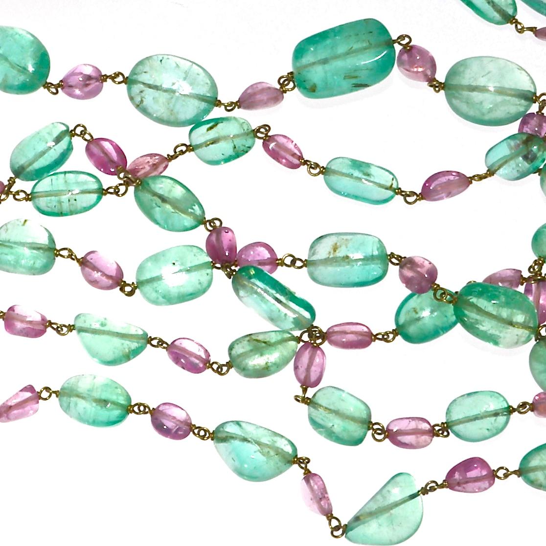 Cabochon Emerald Pink Sapphire Multi-Strand 18 Karat Gold Necklace