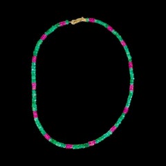Emerald & Pink Sapphire Beaded Necklace in 14k Gold