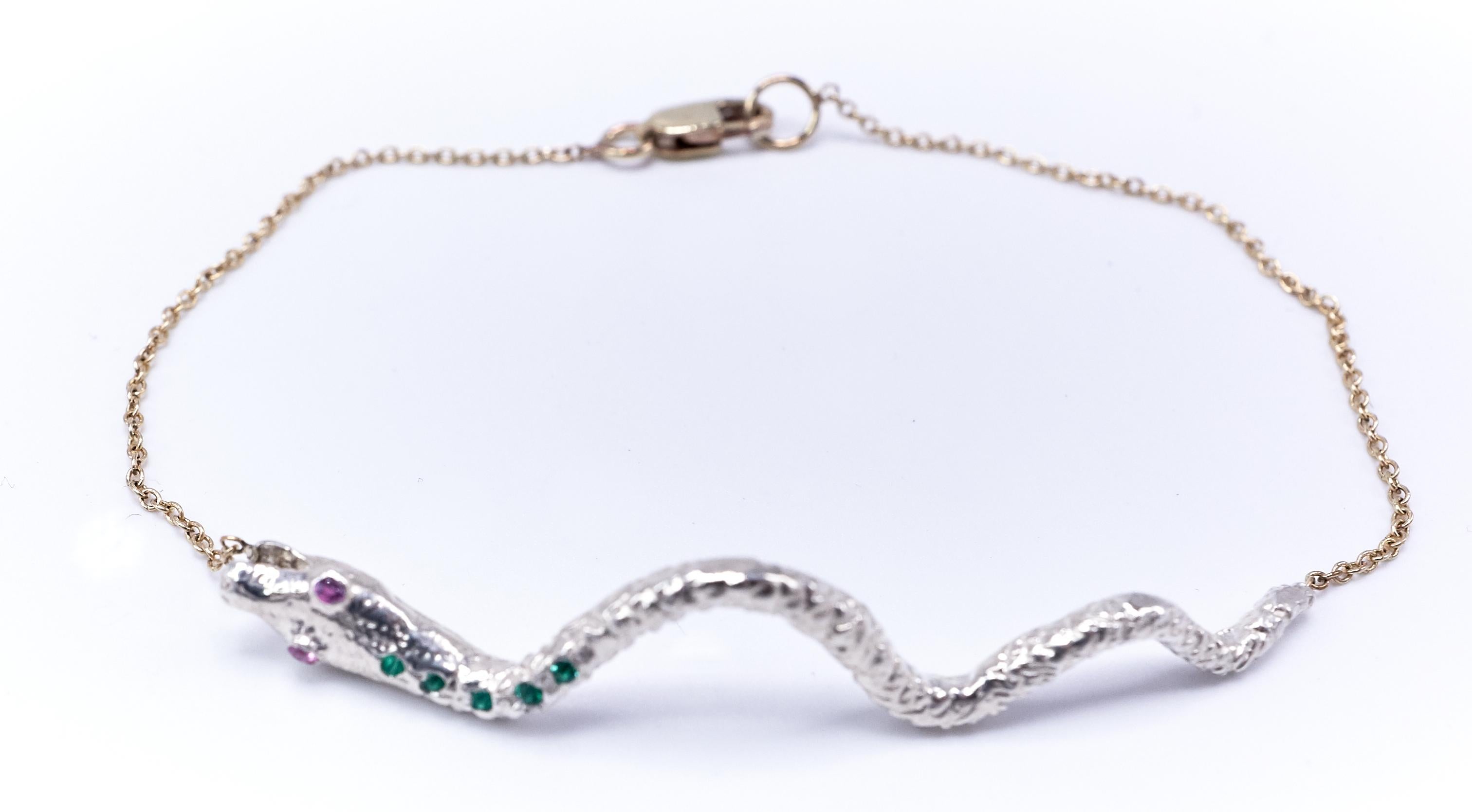 Women's Emerald Pink Sapphire Snake Gold Silver Chain Bracelet J Dauphin For Sale