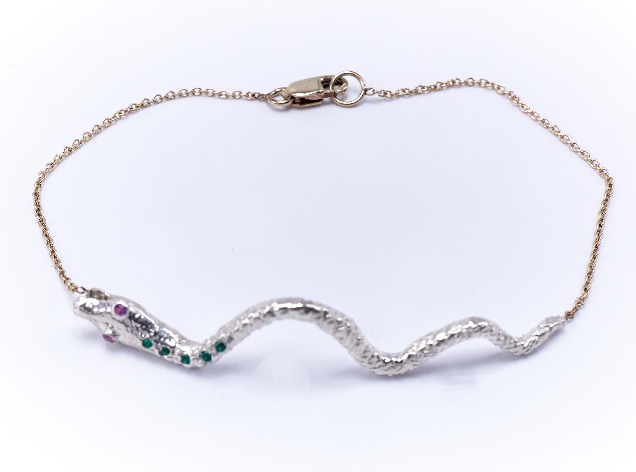Contemporary Emerald Pink Sapphire Snake Gold Silver Link Chain Bracelet J Dauphin For Sale