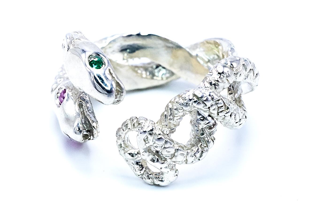 Women's or Men's Emerald Pink Sapphire Snake Ring Silver For Sale