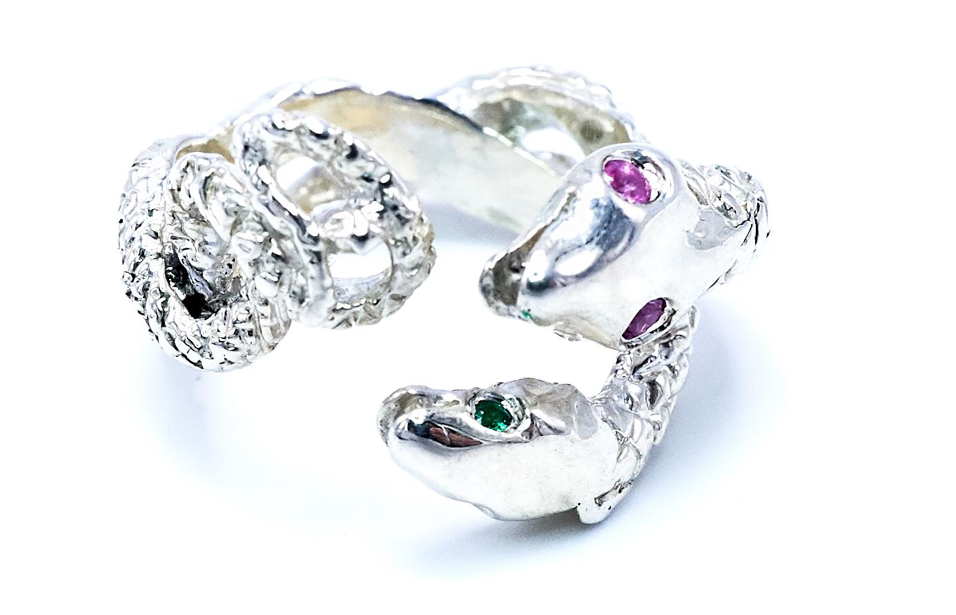 Contemporary Emerald Pink Sapphire Snake Ring Sterling Silver Cocktail Ring J Dauphin For Sale