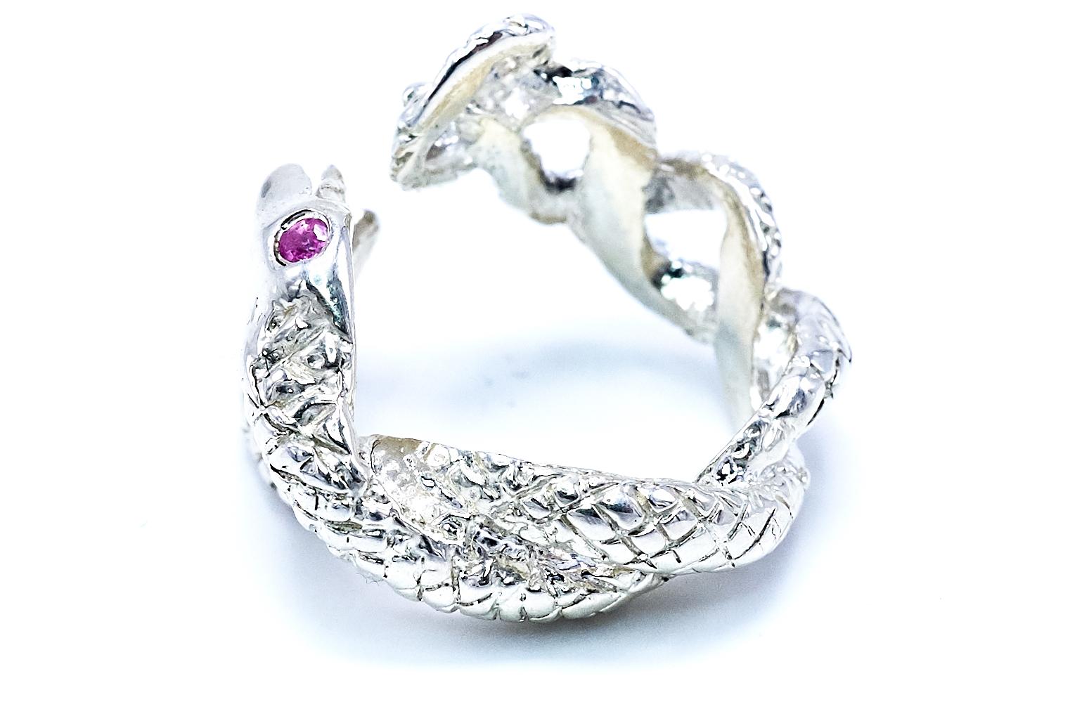 Round Cut Emerald Pink Sapphire Snake Ring Sterling Silver Cocktail Ring J Dauphin For Sale