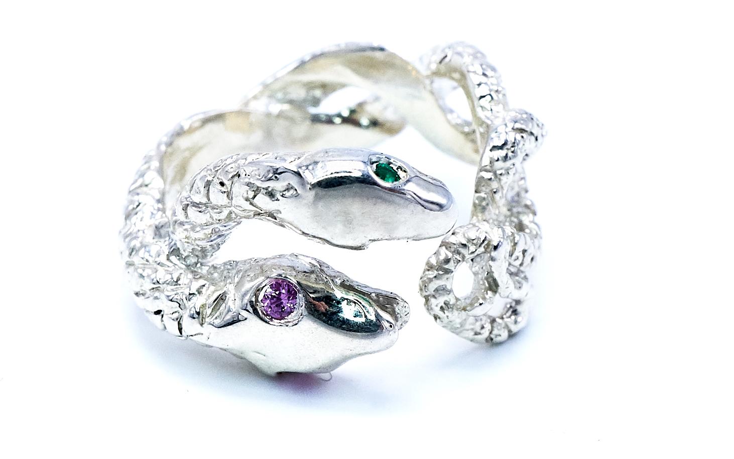 Emerald Pink Sapphire Snake Ring Sterling Silver Cocktail Ring J Dauphin In New Condition For Sale In Los Angeles, CA