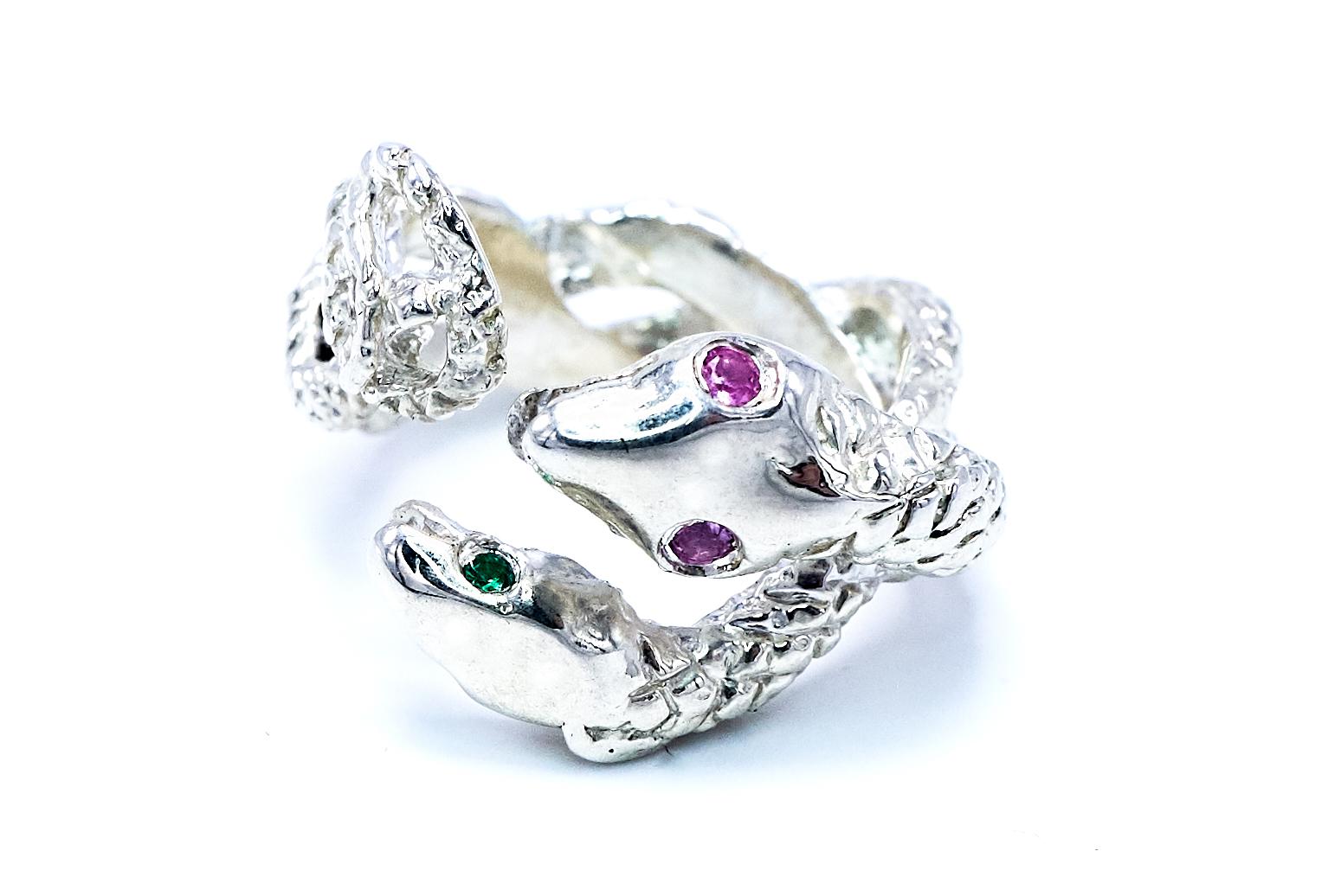 Emerald Pink Sapphire Snake Ring Sterling Silver Cocktail Ring J Dauphin For Sale 1