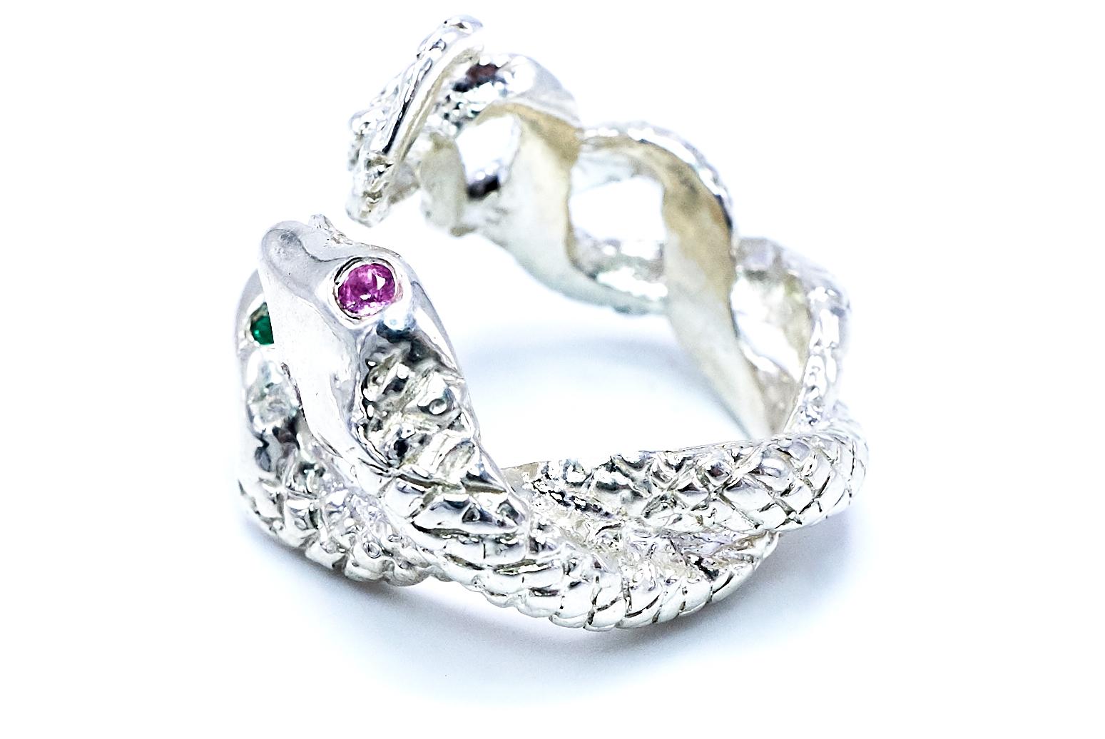 Emerald Pink Sapphire Snake Ring Sterling Silver Cocktail Ring J Dauphin For Sale 2