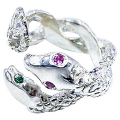 Anillo de serpiente de zafiro rosa esmeralda Anillo de cóctel de plata de ley J DAUPHIN