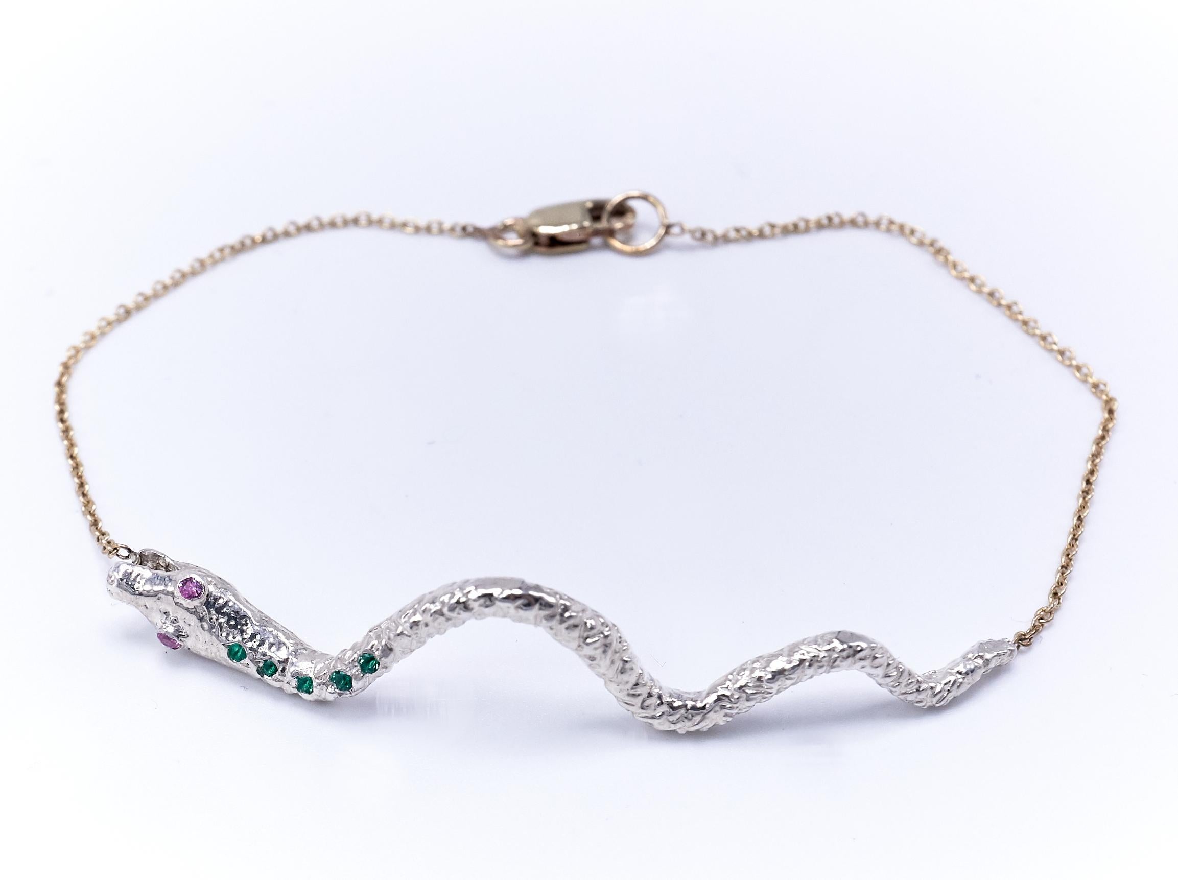 Contemporary Emerald Pink Sapphire White Gold Snake Pendant Gold Chain Bracelet For Sale