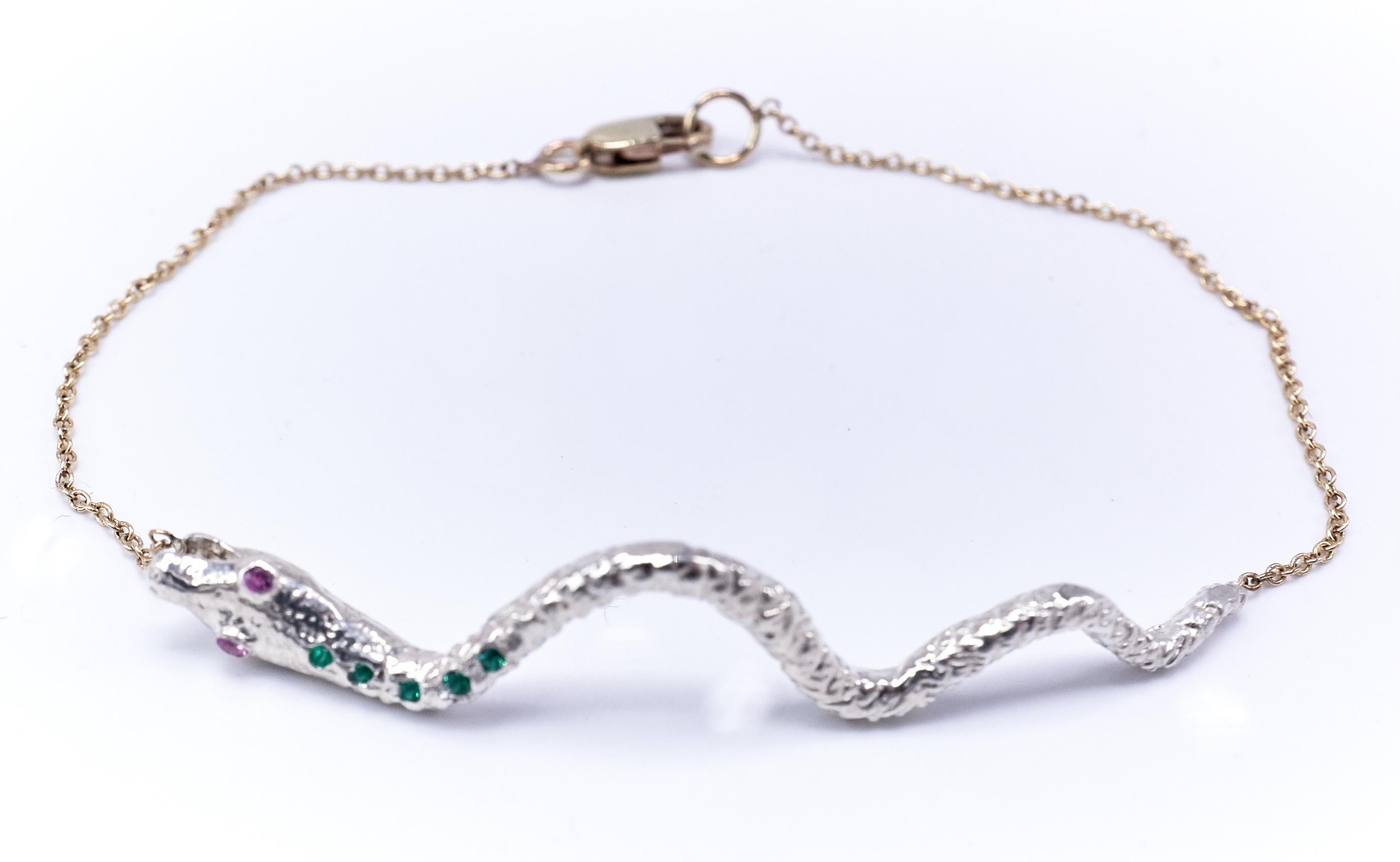 Emerald Pink Sapphire White Gold Snake Pendant Gold Chain Bracelet In New Condition For Sale In Los Angeles, CA