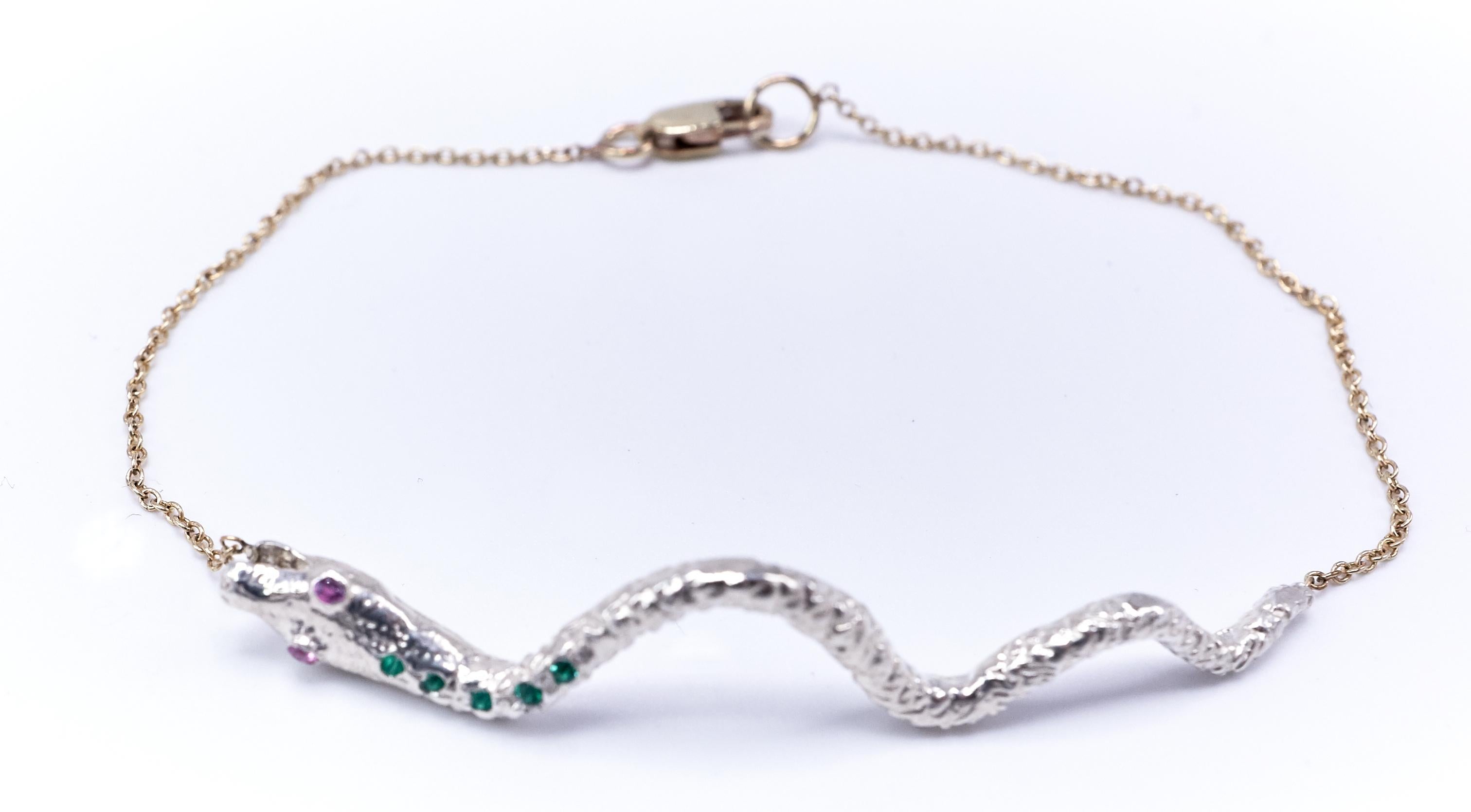 Brilliant Cut Emerald Pink Sapphire White Gold Snake Pendant Gold Chain Bracelet  For Sale