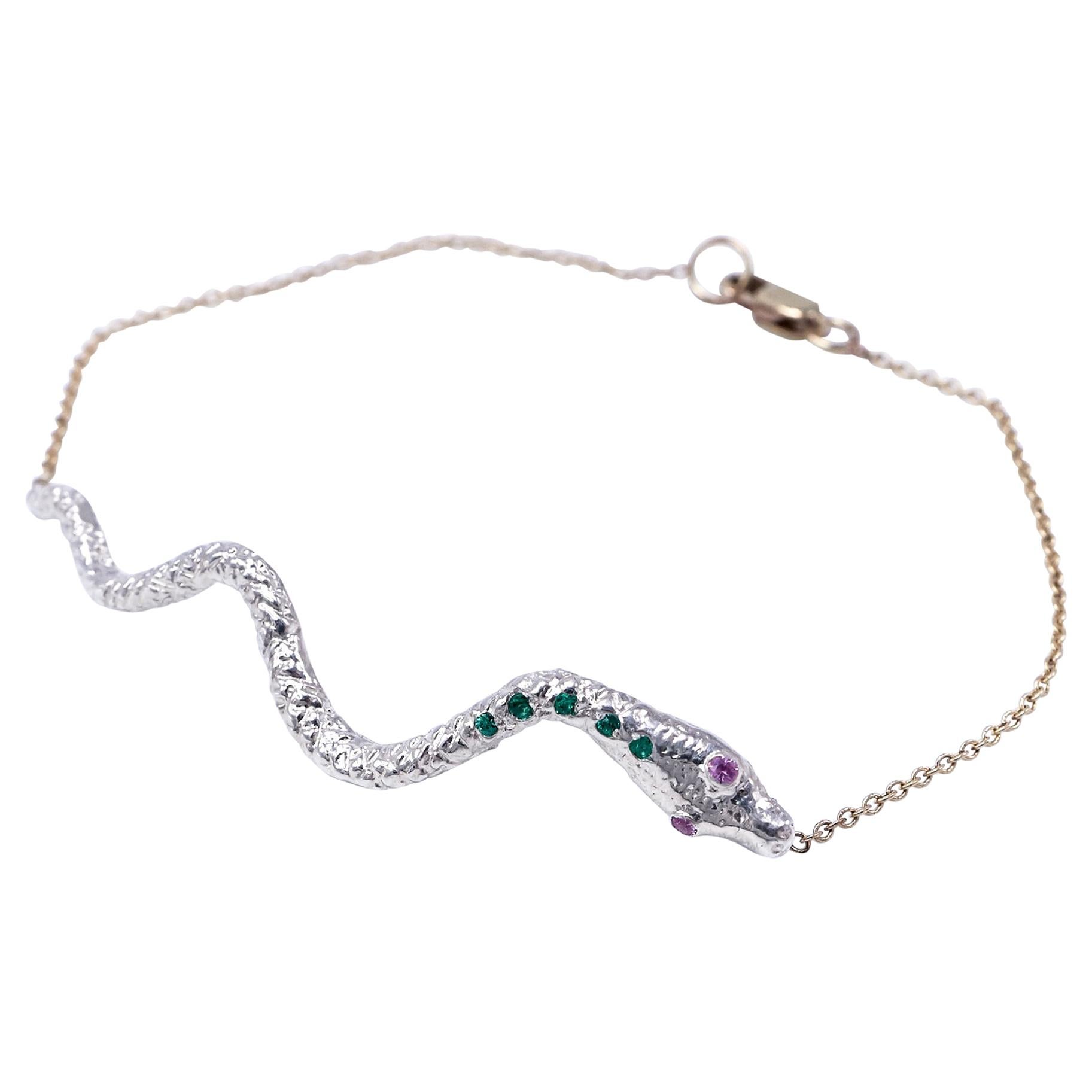 Emerald Pink Sapphire White Gold Snake Pendant Gold Chain Bracelet  For Sale