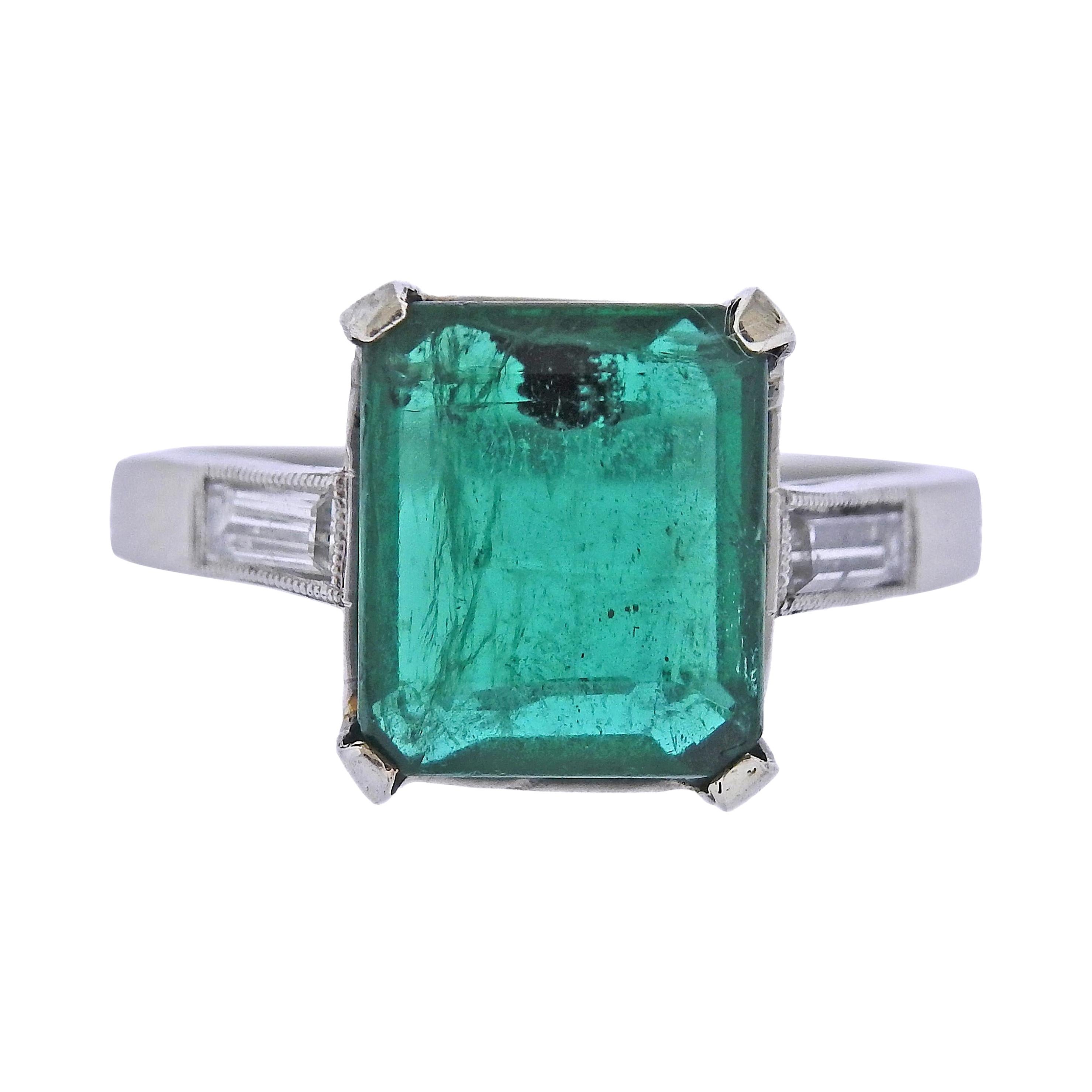Emerald Platinum Diamond Ring For Sale