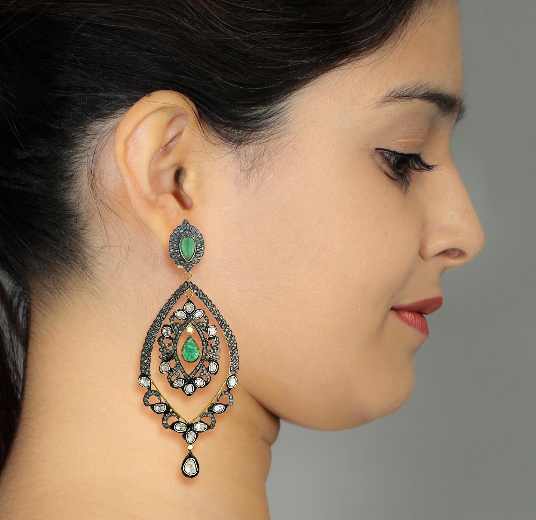 Contemporary Emerald & Polki Diamond Earrings with Pave Diamonds Made in Gold & Silver For Sale