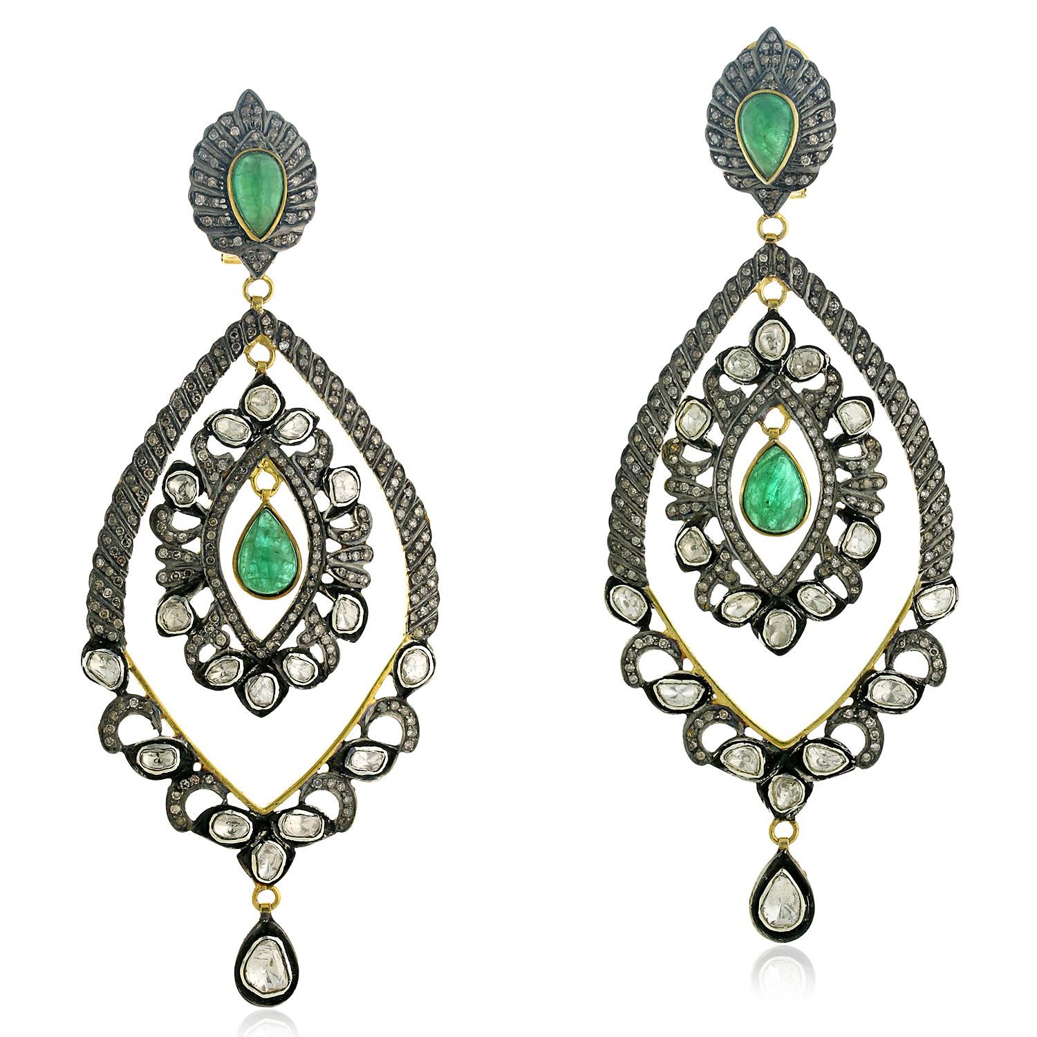 Emerald & Polki Diamond Earrings with Pave Diamonds Made in Gold & Silver In New Condition For Sale In New York, NY