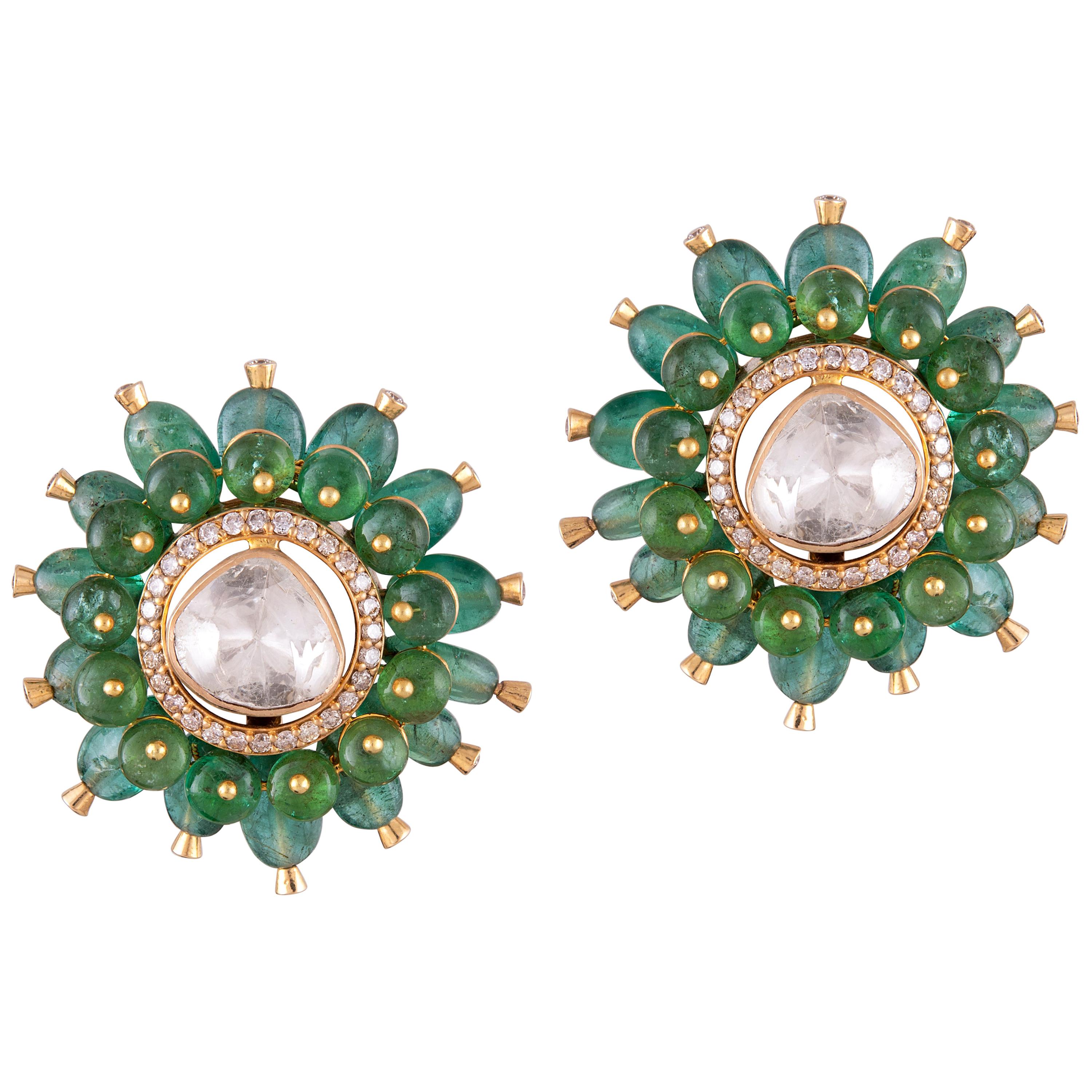 Emerald Polki White Diamond 18 Karat Yellow Gold Stud Earrings For Sale