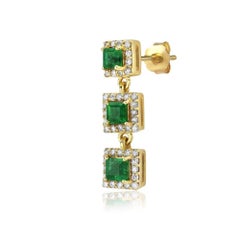 Emerald Princess Cut With Diamond Halo Drop Earrings (1.45 ct.) in 14K Gold