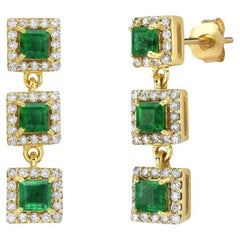 Emerald Princess Cut With Diamond Halo Drop Earrings (1.45 ct.) in 14K Gold