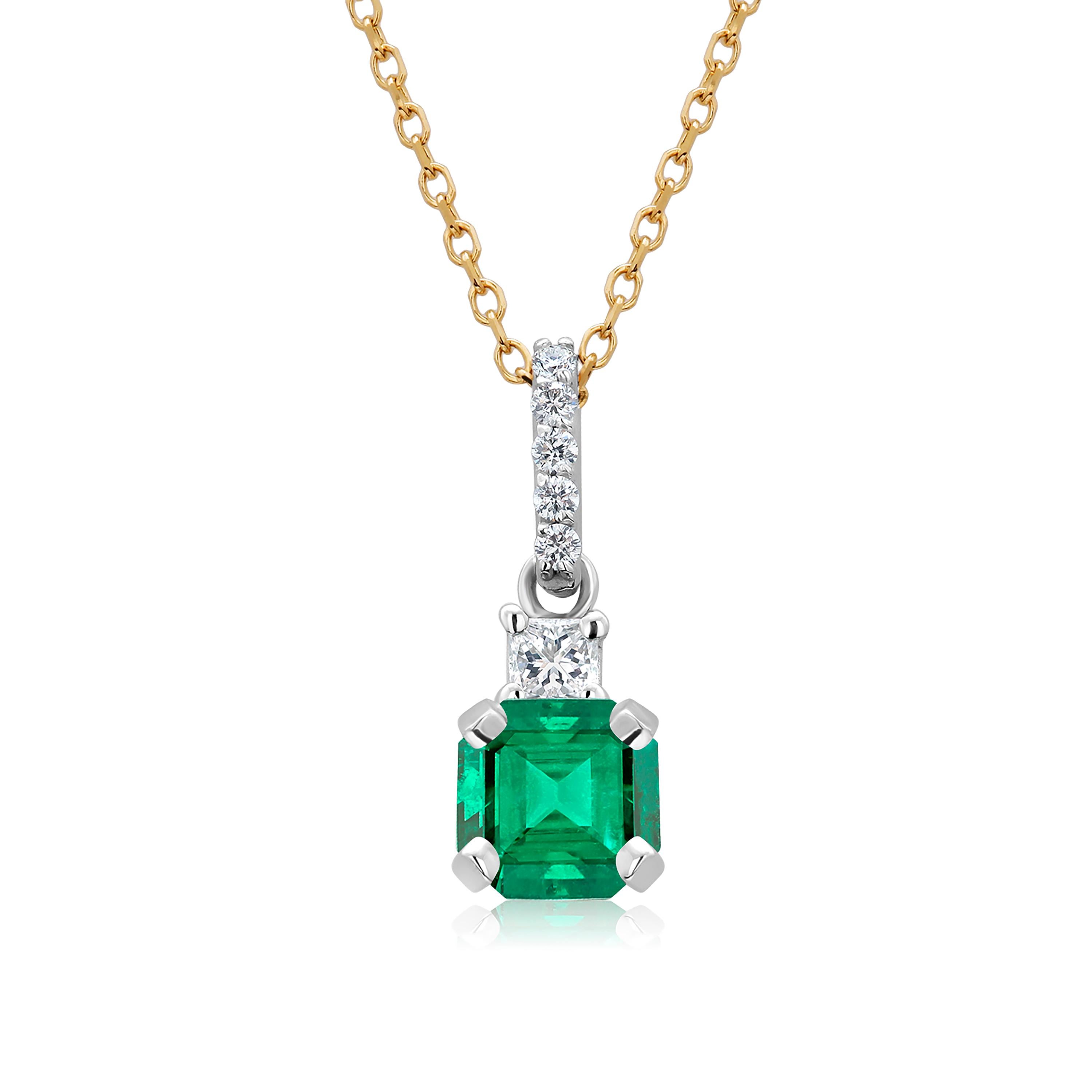 Emerald Cut Emerald Princess Diamond and Diamond Bail Gold Drop Pendant Necklace