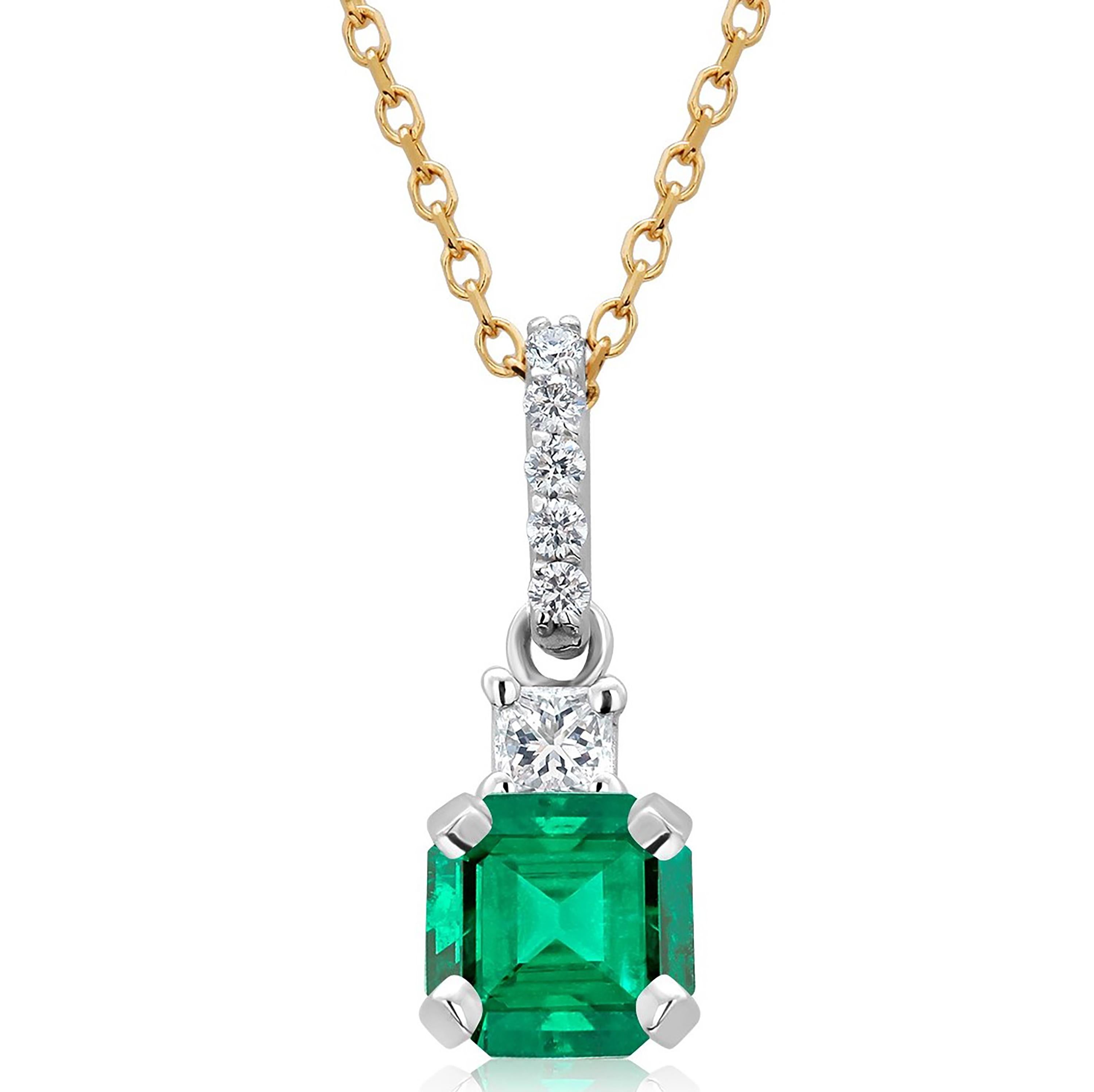 Women's or Men's Emerald Princess Diamond and Diamond Bail Gold Drop Pendant Necklace