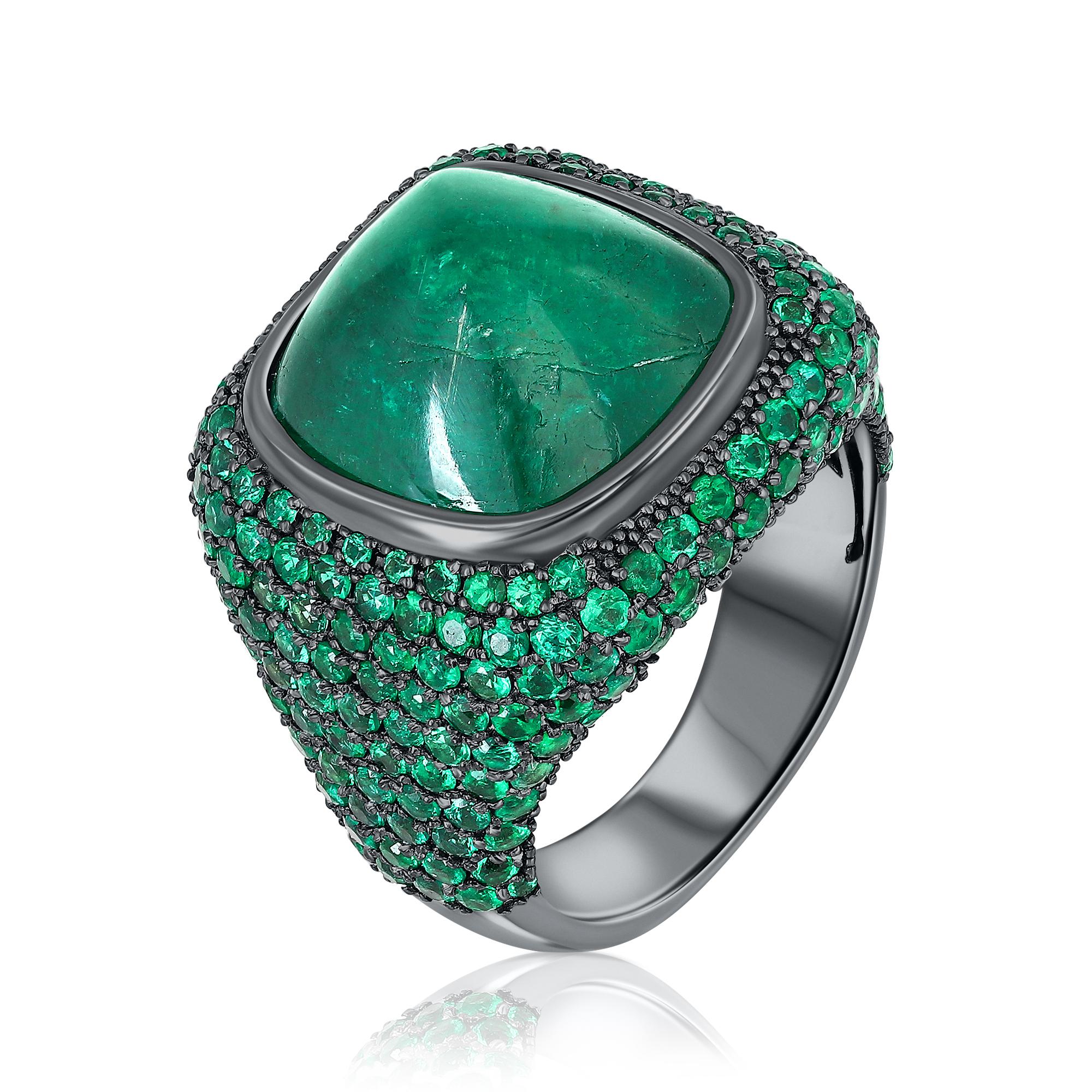 Erstaunlich 12,90 Karat zentrale Cabochon Form Smaragd mit brillanten runden Smaragden Gesamtgewicht 2,80 Karat

