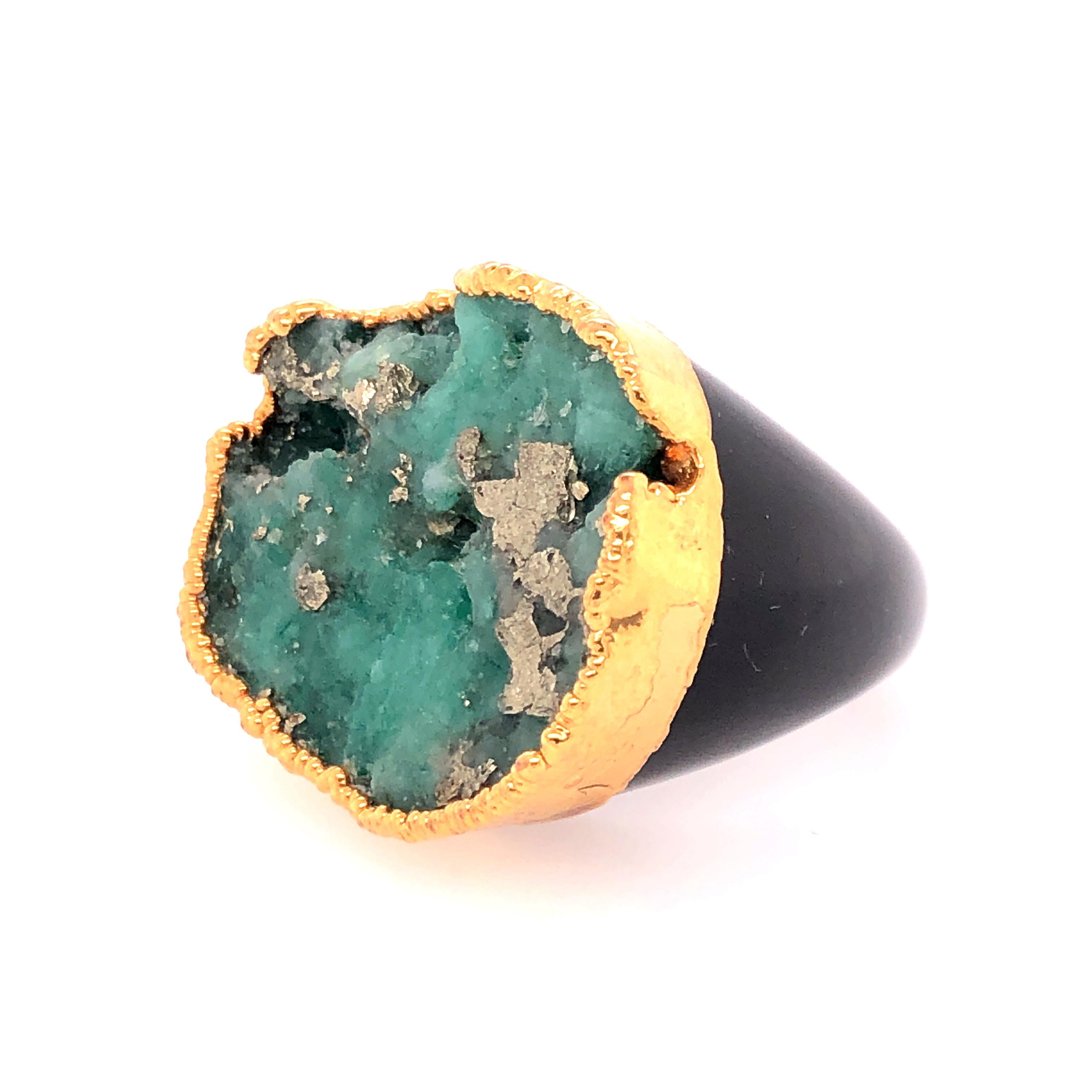 Contemporary Emerald, Pyrite, and Horn Ring For Sale
