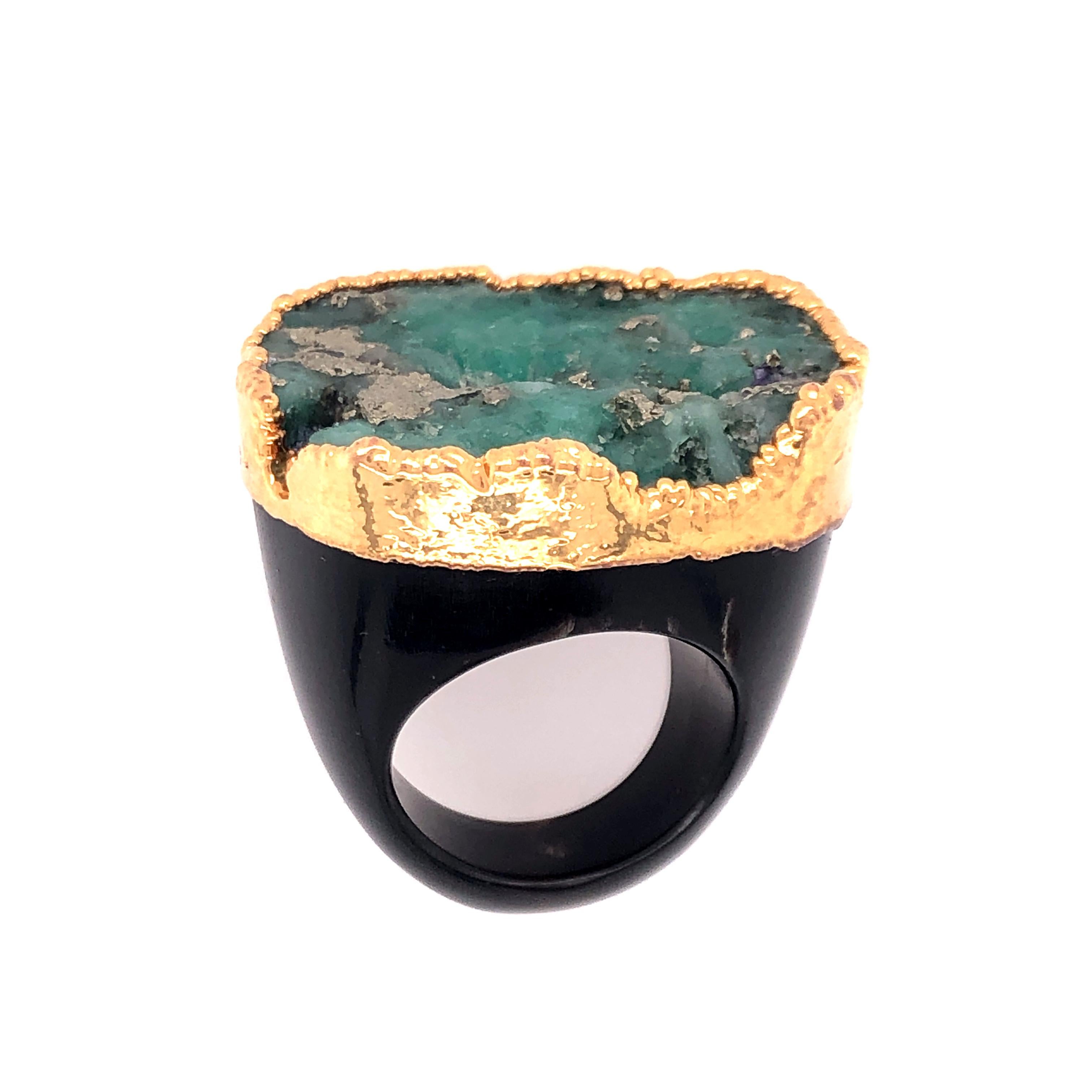 Women's Emerald, Pyrite, and Horn Ring For Sale