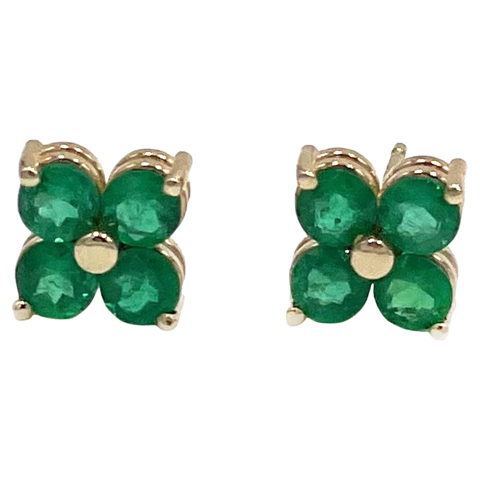 Emerald Quatrefoil Stud Earrings, 14K Yellow Gold