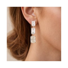 Emerald Radiant Cut SI/H Diamond Three Stone Dangle Earrings 14k White Gold