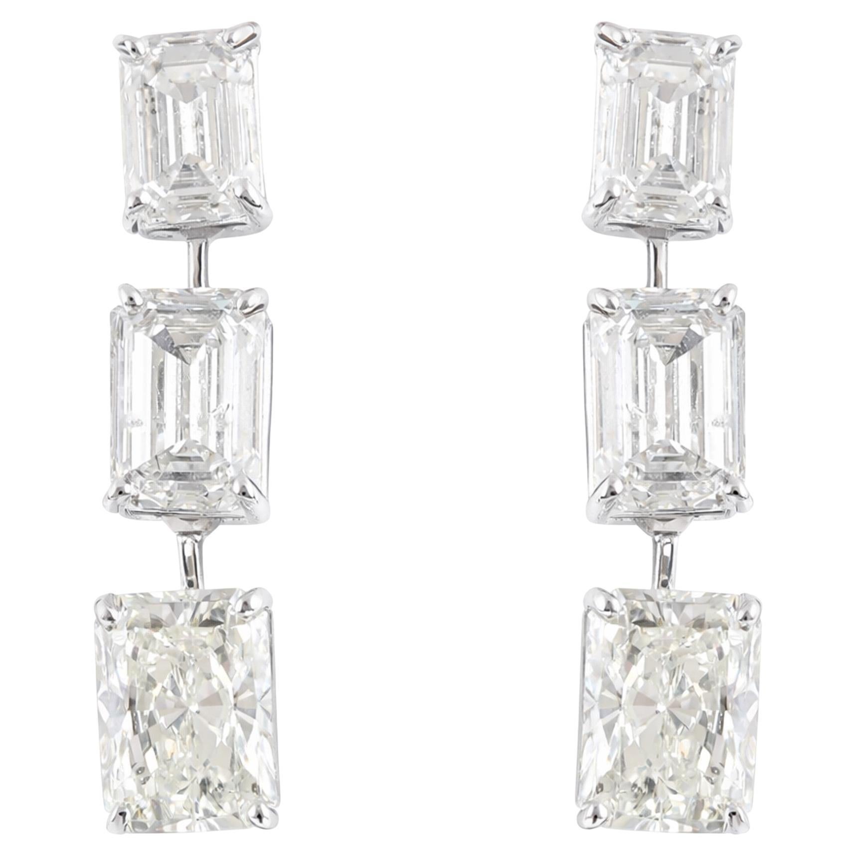 Emerald and Radiant Cut Natural Diamond Drop Earrings 4.46 Carat 18K White Gold