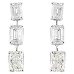 Emerald Radiant Cut SI/H Diamond Three Stone Dangle Earrings 18k White Gold