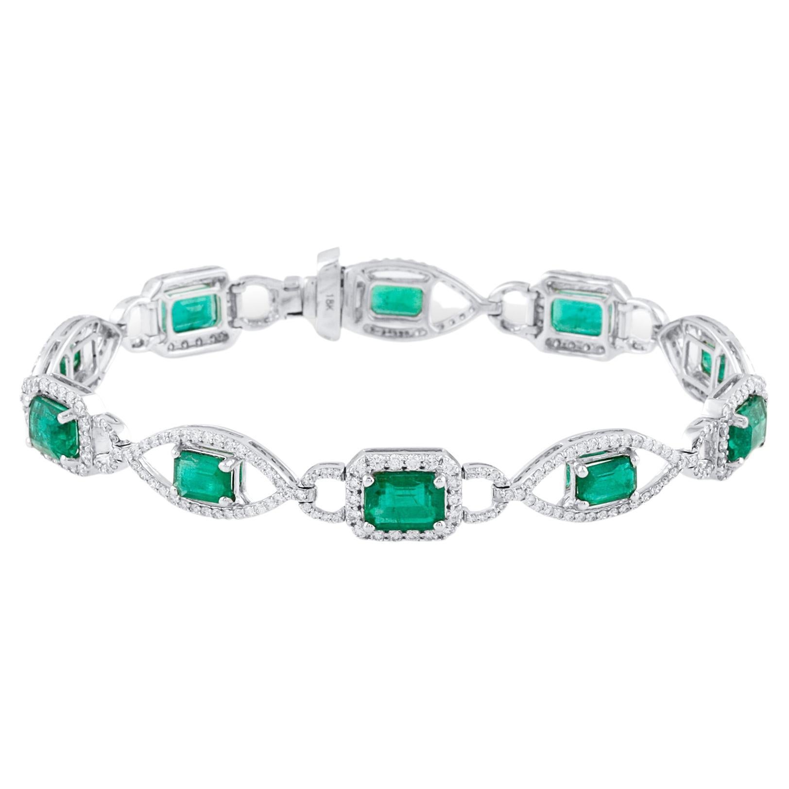 Emerald Rectangle And Diamond Bracelet In 18K White Gold For Sale