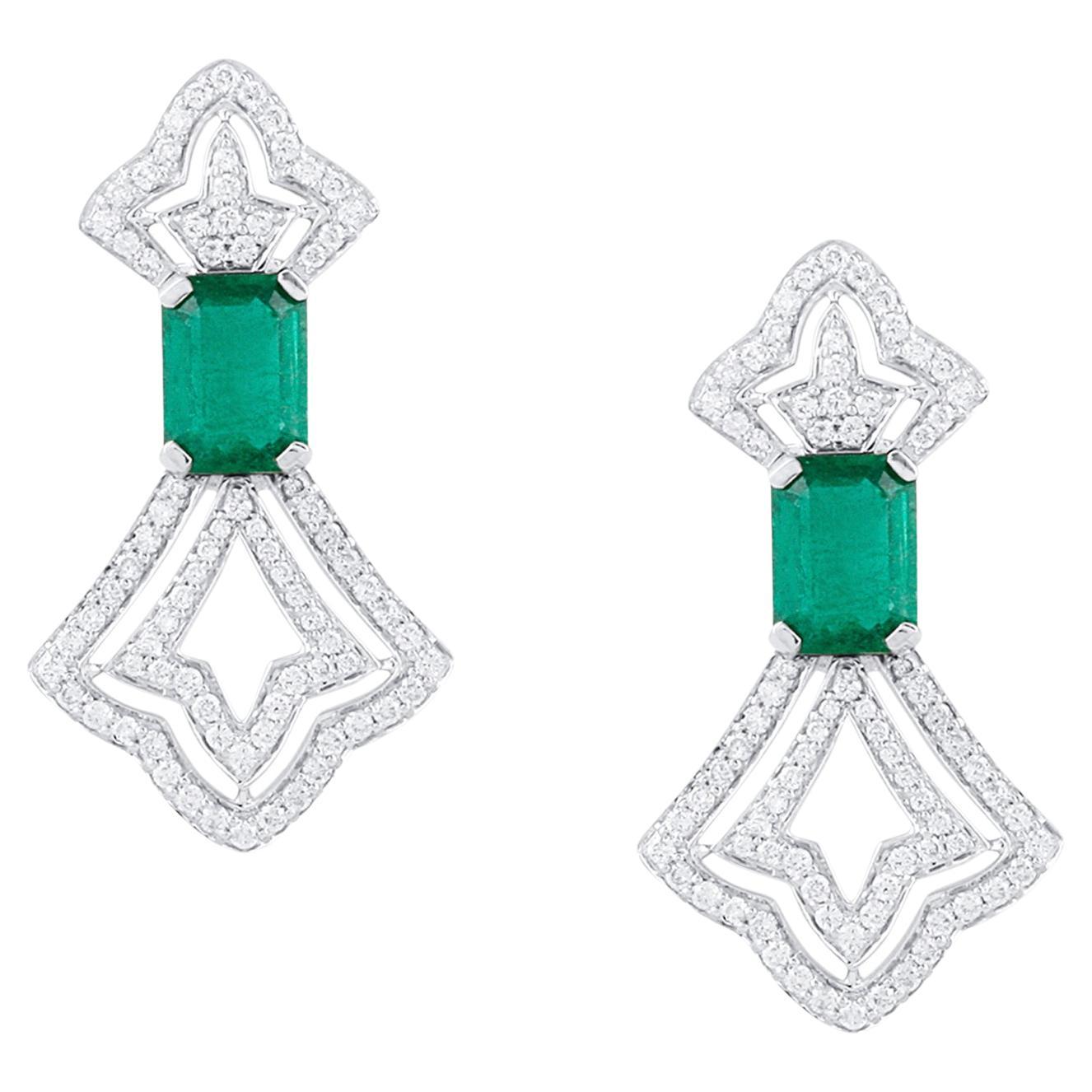 Emerald Rectangle and Diamond Earring in 18K White Gold