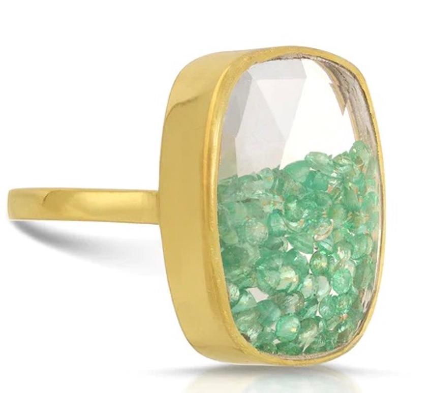 Modern Emerald Rectangle Glitter Globe Ring For Sale