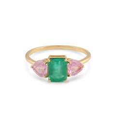 Emerald Rectangle & Pink Sapphire Heart Shape Ring In 18K Yellow Gold