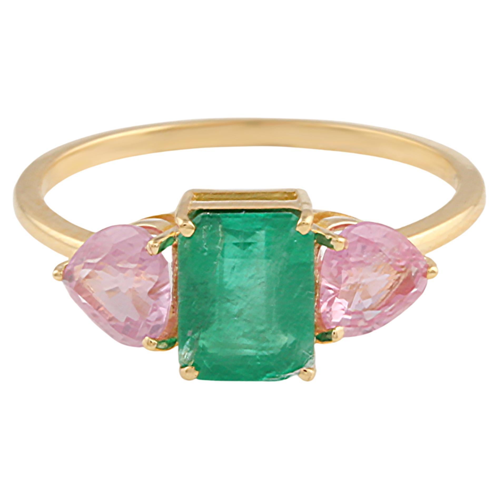 Emerald Rectangle & Pink Sapphire Heart Shape Ring In 18K Yellow Gold For Sale