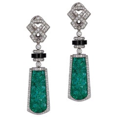 Goshwara Rectangular Carved Emerald and Diamond Earrings 