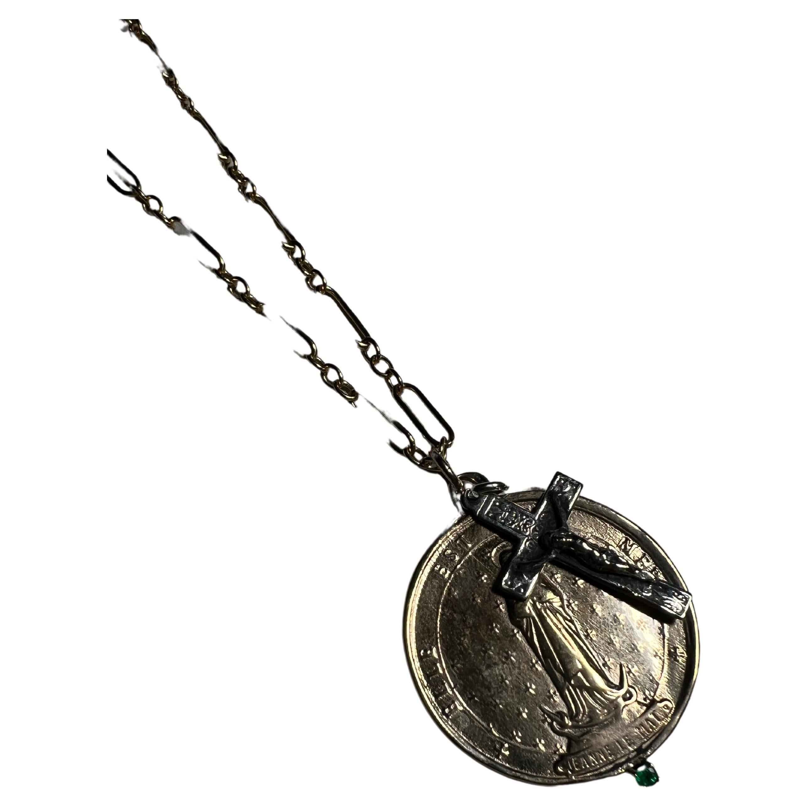 Emerald Religious French Medal Chain Necklace Gold Filled Silver Cross J Dauphin In New Condition In Los Angeles, CA