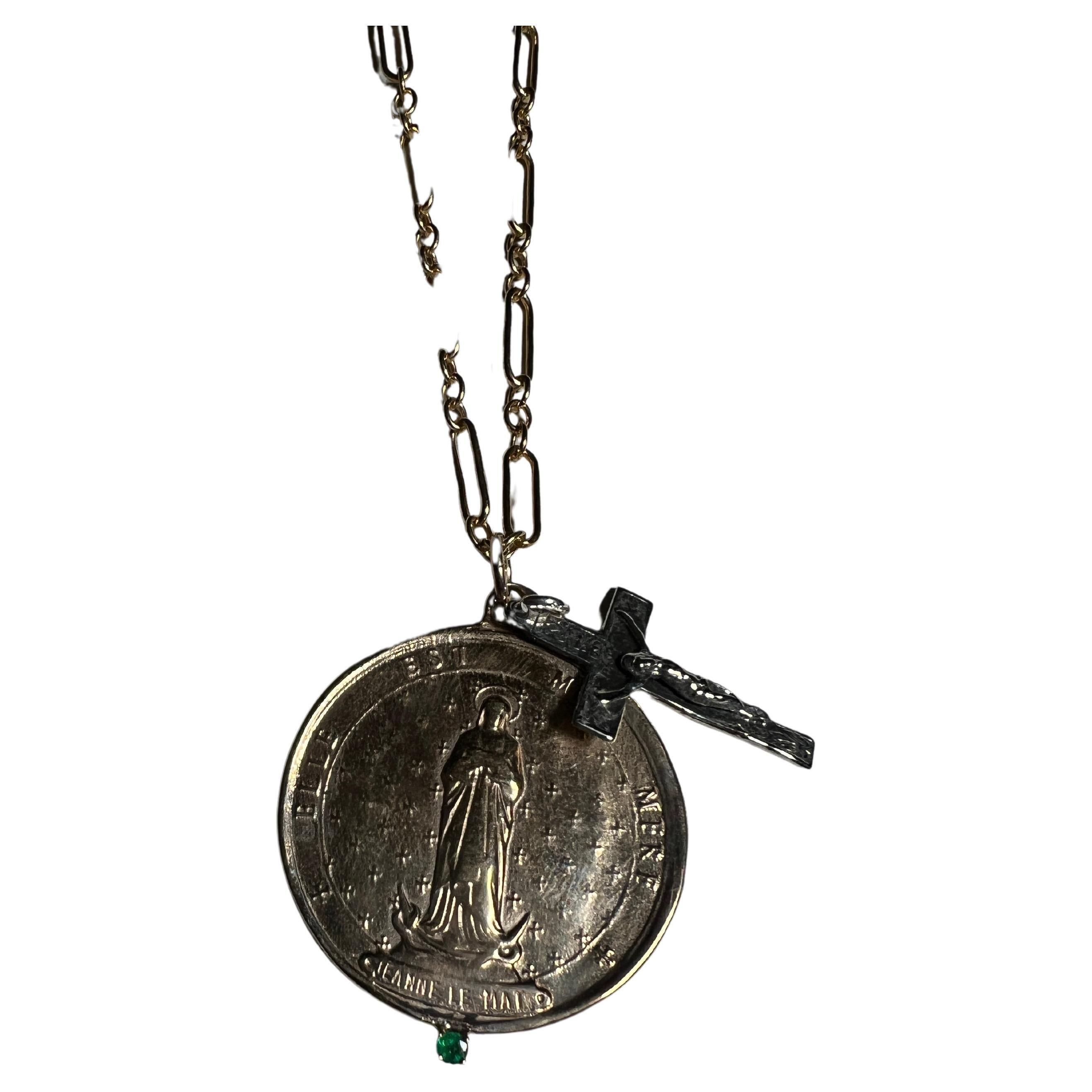Women's Emerald Religious French Medal Chain Necklace Gold Filled Silver Cross J Dauphin