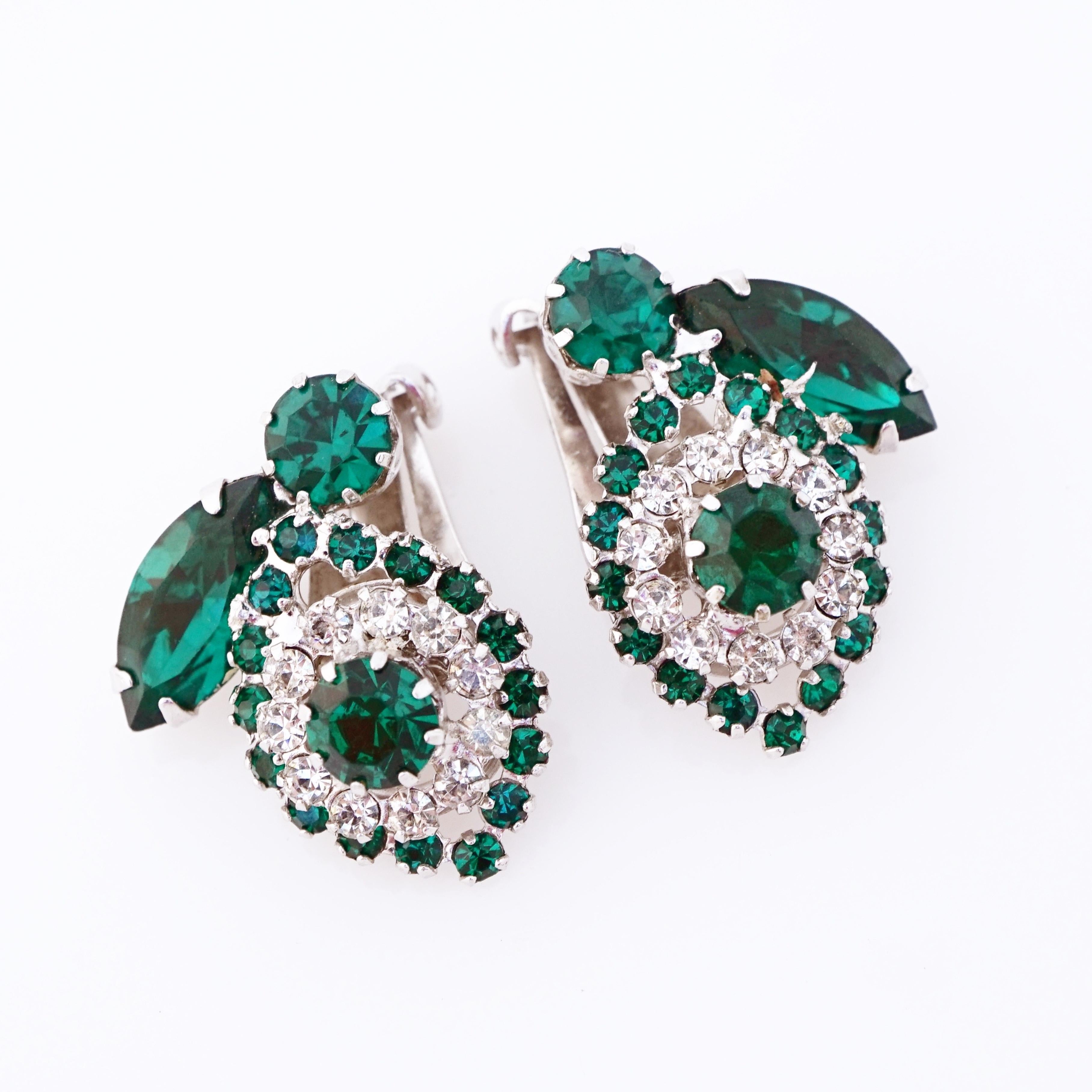 Modern Emerald Rhinestone Floral Cocktail Earrings By Weiss, 1950s