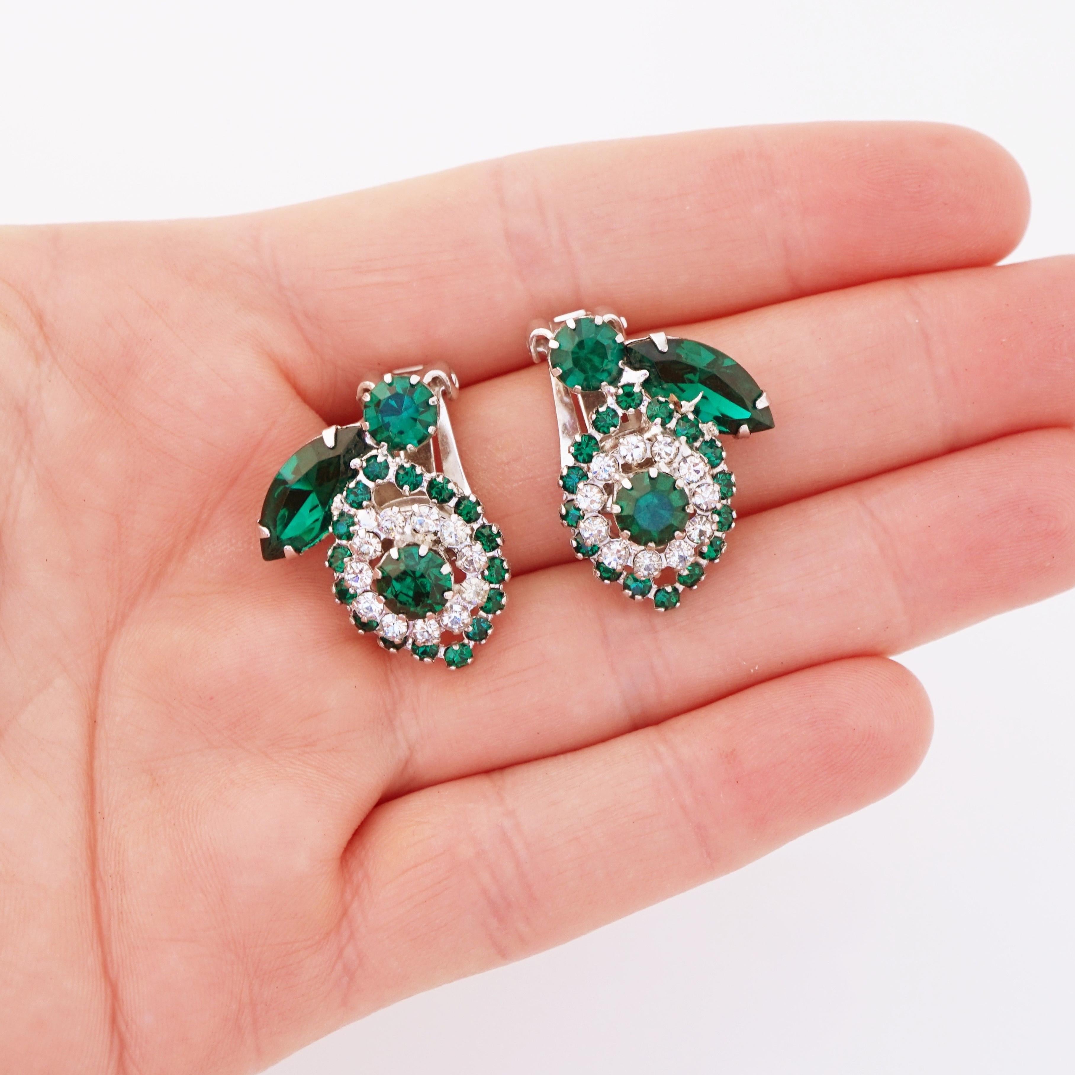 Emerald Rhinestone Floral Cocktail Earrings By Weiss, 1950s 1