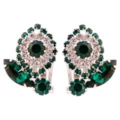 Retro Emerald Rhinestone Floral Cocktail Earrings By Weiss, 1950s