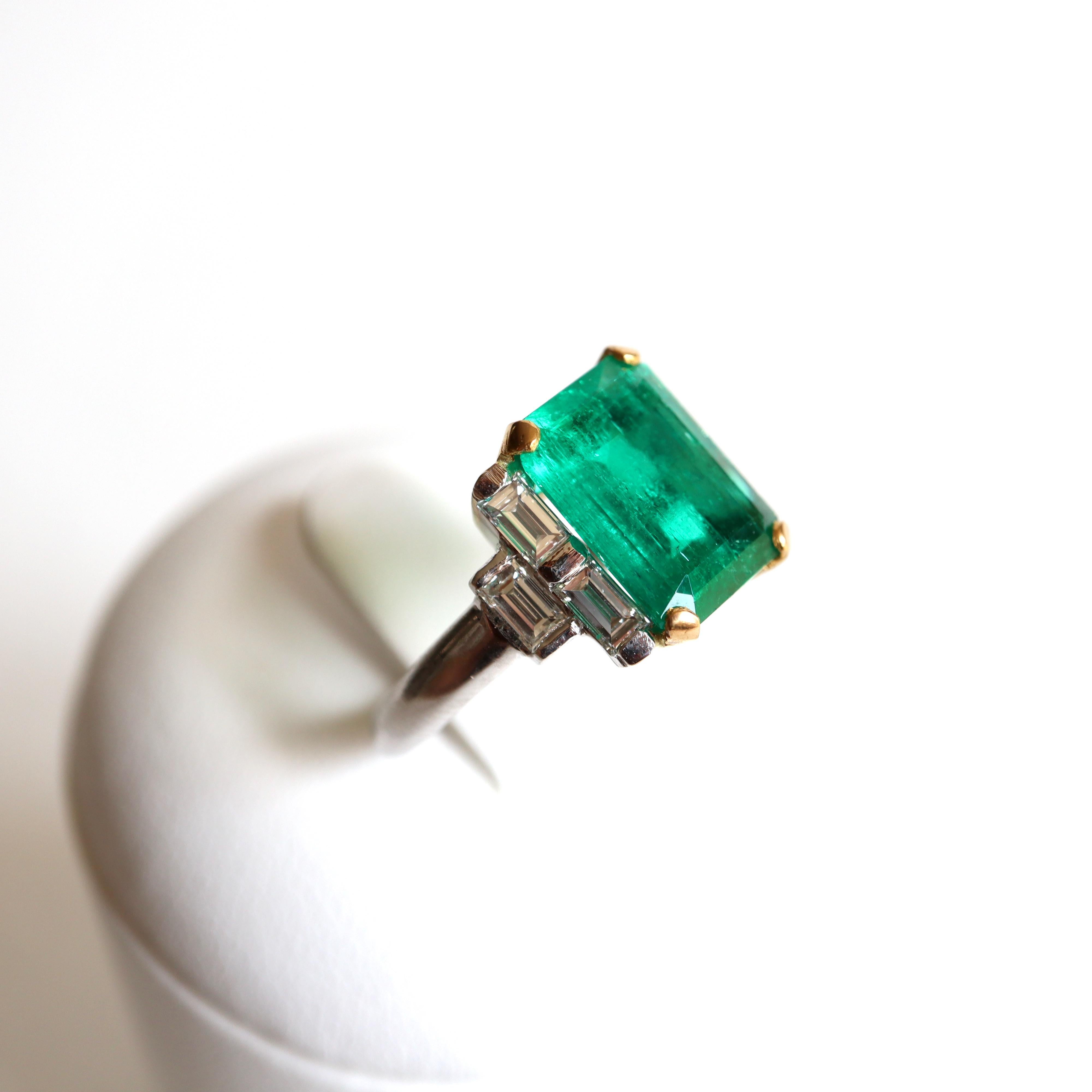 Emerald Cut Emerald Ring 3.71 Carat in 18K White and Yellow Gold, Diamonds
