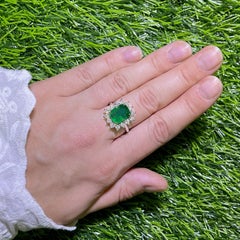 Emerald Ring 5 Carat Set with Diamonds 1.26 Carats 18K Gold