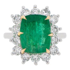 Emerald Ring 5 Carat Set with Diamonds 1.26 Carats 18K Gold