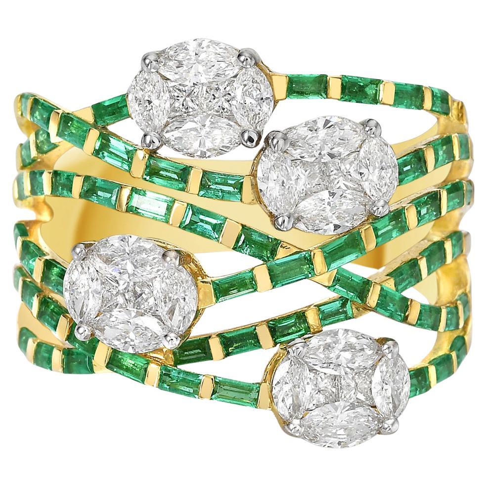 Zig Zag Emerald Ring Accented With Diamonds Made In 18k Yellow Gold For Sale
