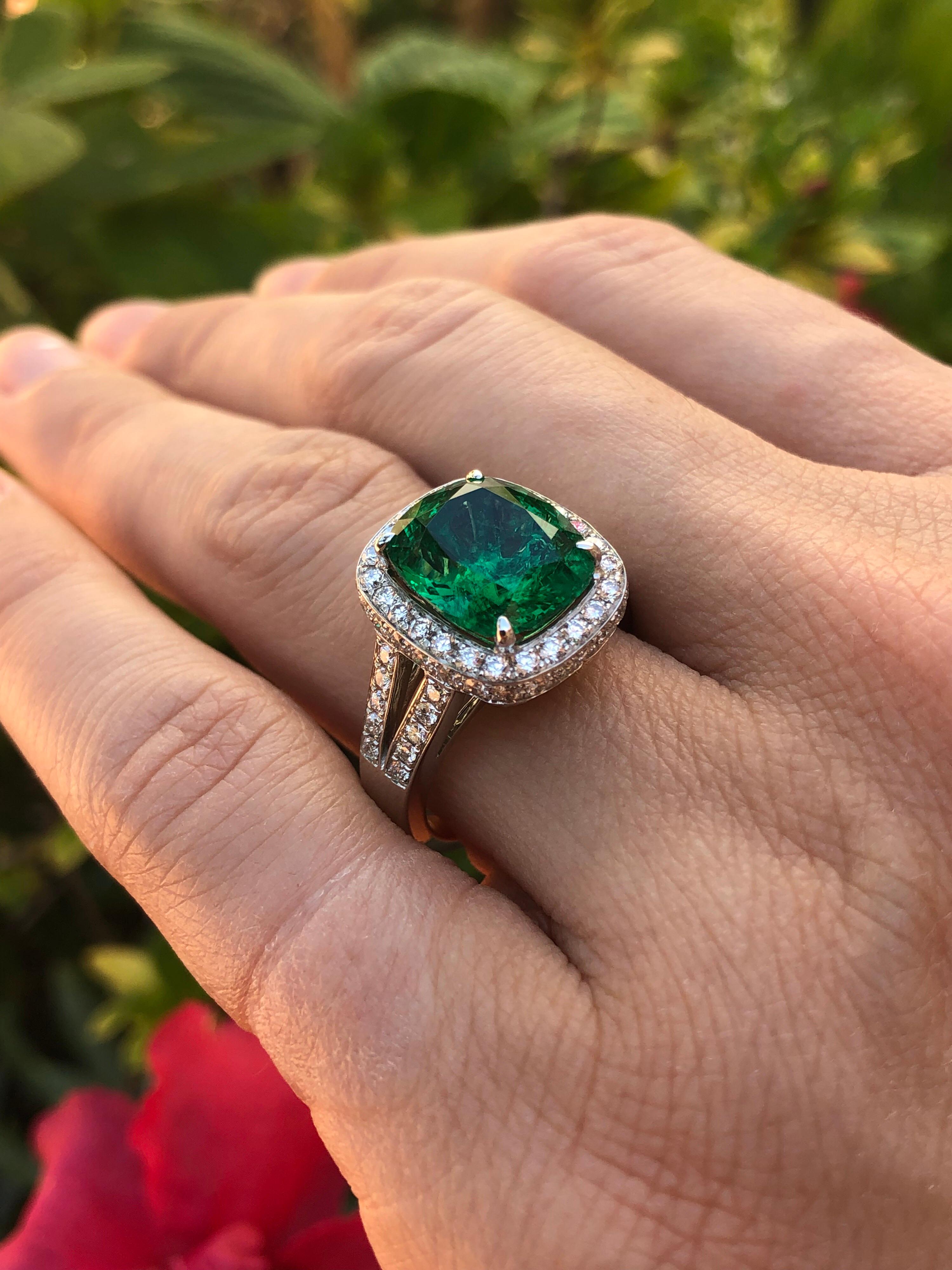 Modern Emerald Ring Cushion Cut 4.66 Carats