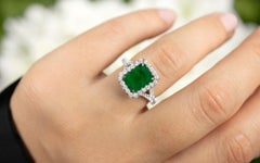 Emerald Ring Diamond Halo Setting 3.2 Carats 18K White Gold