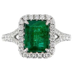 Emerald Ring Diamond Halo Setting 3.2 Carats 18K White Gold