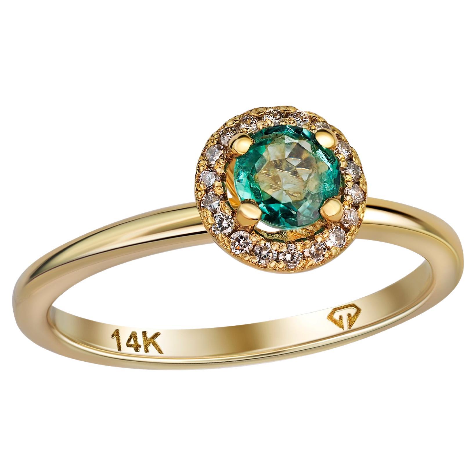 Emerald ring. Emerald engagement ring. Emerald gold ring. Halo emerald ring with diamonds. Dainty Emerald ring. Real emerald ring.
Metal type: Gold, yellow gold
Metal stamp: 14k Gold
Size: US -7.5
Weight: 2 gr
Central gemstone
Emerald: round shape,
