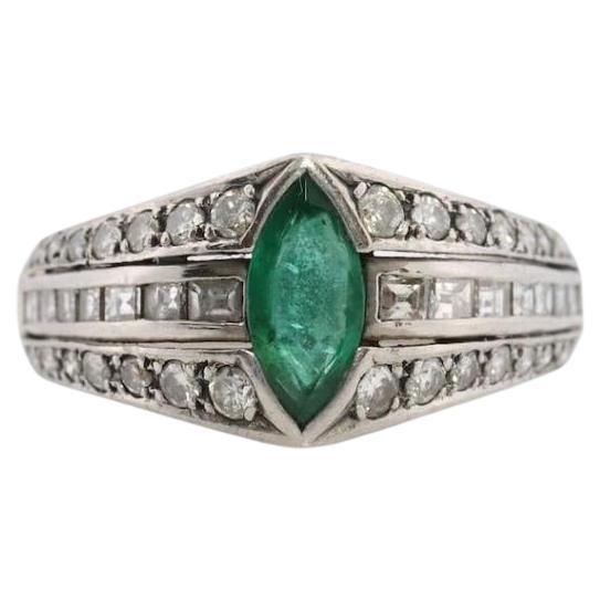 Emerald Ring. Genuine Emerald and Diamond Platinum Ring. PT900 Plat Marquise